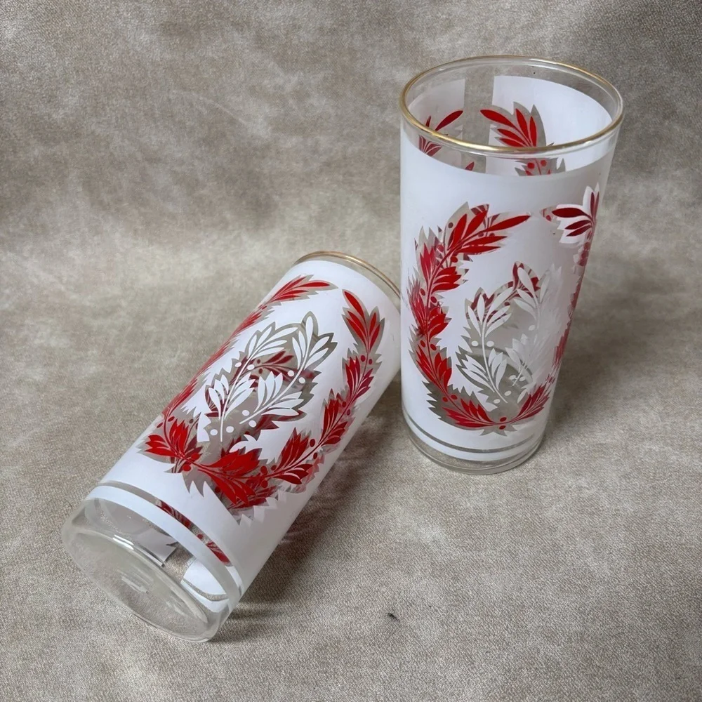 2 MCM Vintage Red Gold Leaf Frosted Tall Glasses Tumblers